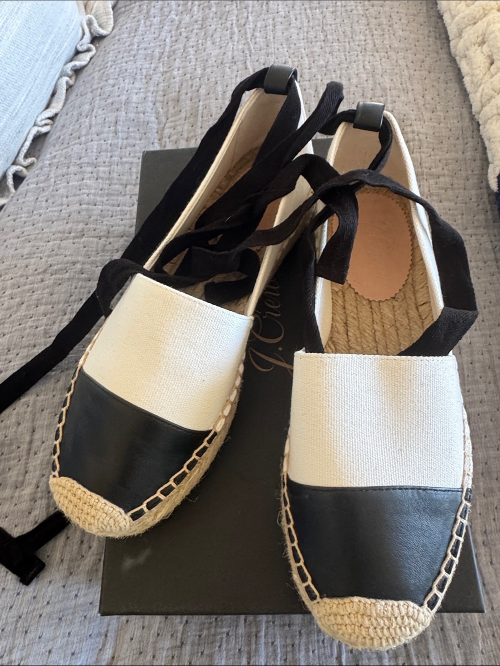 J. Crew Black and Cream Espadrille Flats with Ankle Ties